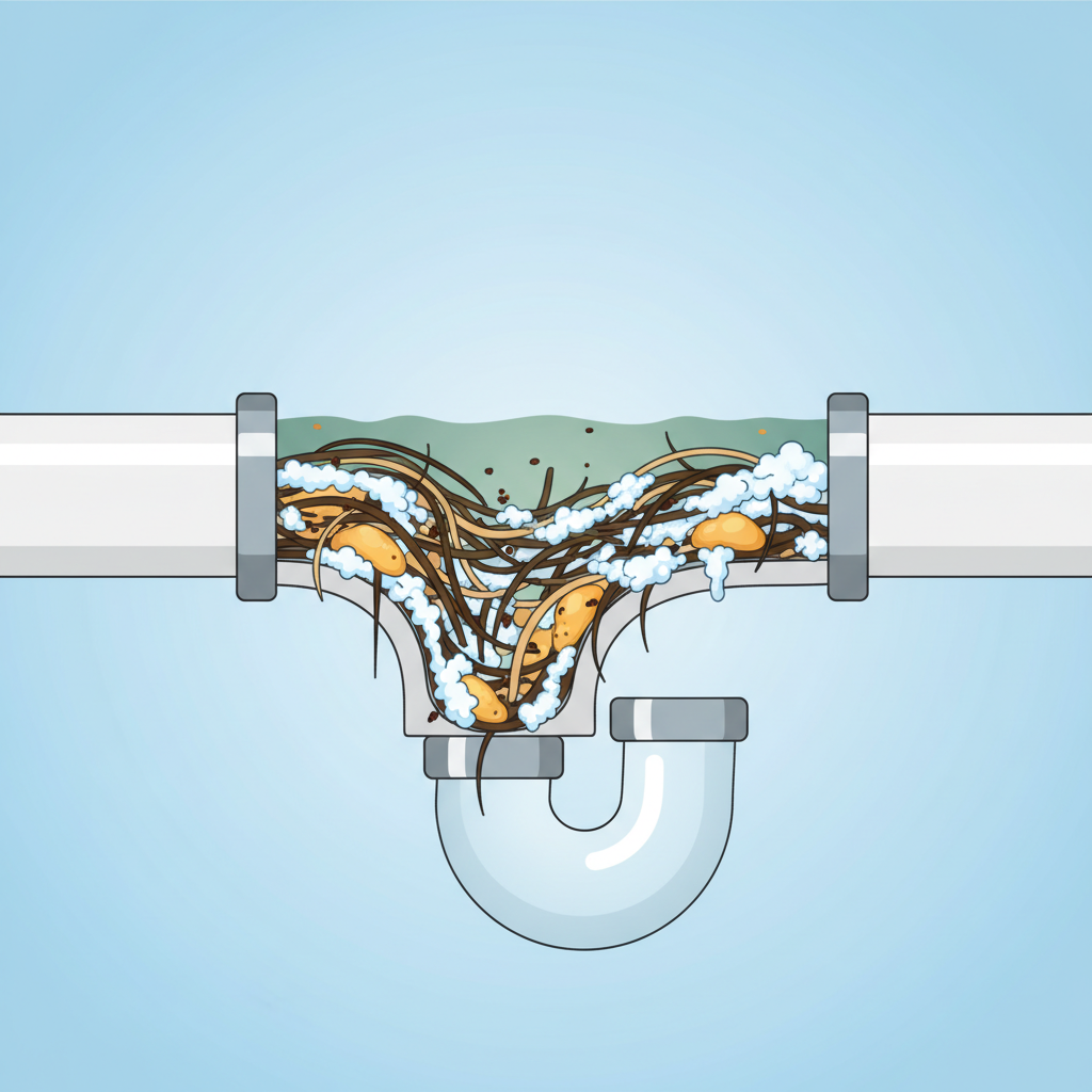 A vibrant, cutaway diagram in an infographic style showing the cross-section of a standard bathroom sink drainpipe. The pipe is partially obstructed by various elements: a tangled mass of long hair intertwined with flaky white soap scum, solidified blobs of yellowish grease, and a few small, dark food particles. The water flow above the obstruction is depicted as stagnant, while below, the pipe is clear. The illustration should clearly distinguish each clogging element contributing to the blockage, emphasizing the accumulation. The background should be clean and simple, highlighting the pipe and its contents.