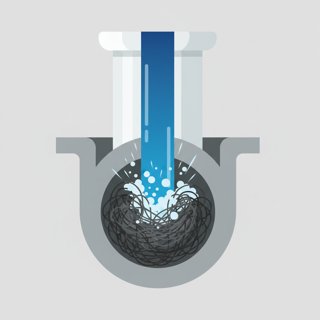 A dynamic flat illustration depicting a close-up, cross-sectional view of a sink drainpipe where a dense blockage, composed of intertwined hair and solidified soap residue, is clearly visible. From the top of the pipe, a stream of brightly colored liquid (e.g., deep blue or green) representing a chemical drain cleaner is pouring down onto the clog. Around the point of contact, the clog is visibly breaking apart and dissolving into smaller fragments, with subtle effervescent bubbles or dissolving streaks indicating a chemical reaction. The surrounding pipe material should appear sturdy and unaffected by the cleaner's action.