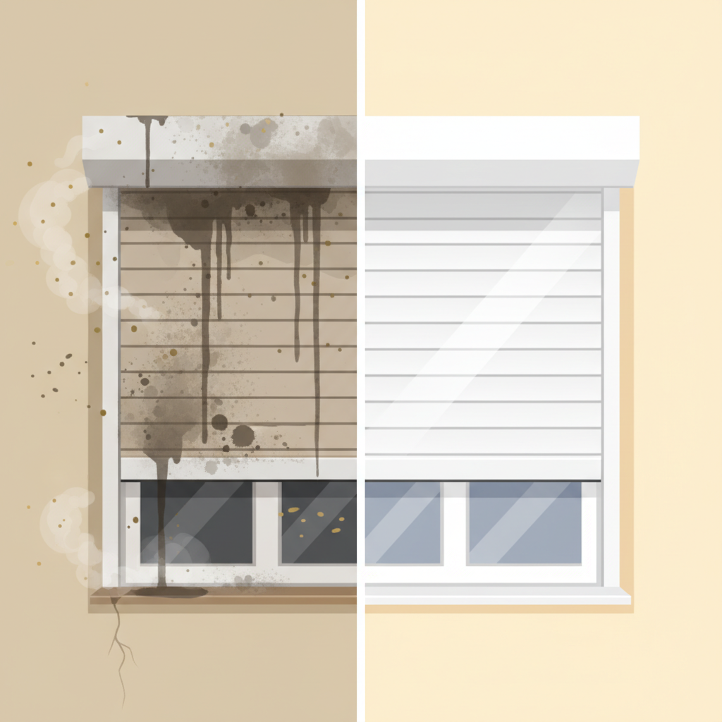 A visually striking 'before and after' illustration showcasing residential roller shutters. On the left side, a section of a window with a roller shutter visibly covered in accumulated grime, dust, and dark streaks, appearing dull and uncared for. Subtle atmospheric elements like stylized swirling dust or pollen particles hint at environmental exposure. On the right side, the exact same roller shutter section, now gleaming pristine and bright, reflecting light cleanly and looking vibrant. The surrounding window frame and wall also appear refreshed. The illustration should convey the dramatic transformation achieved by cleaning. Use a modern, clean flat illustration style with vibrant colors for the 'after' and muted, dirty tones for the 'before' section.