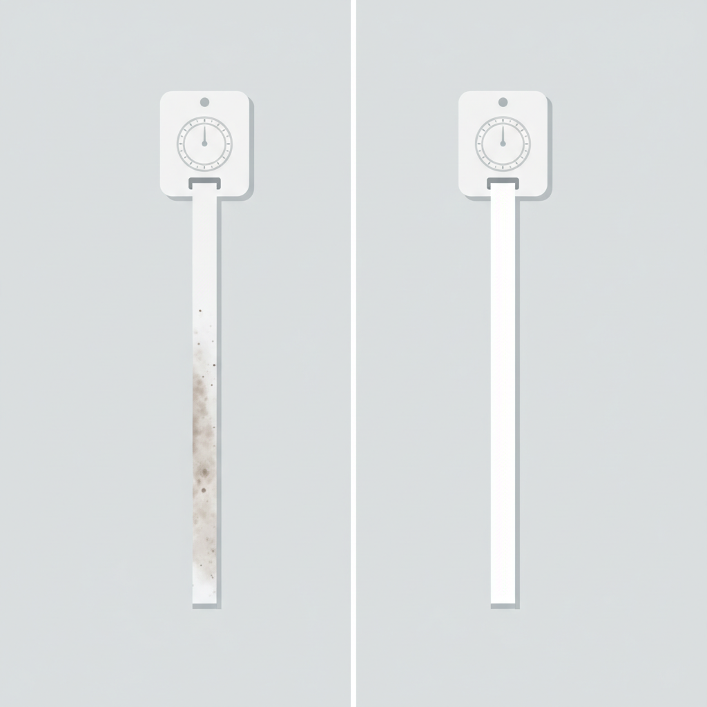 A detailed flat illustration depicting a 'before & after' concept for a roller blind strap. On the left side, a section of the strap is visibly soiled, with dark smudges, dust particles, and a dull, grayish discoloration, extending from a simple wall-mounted winder mechanism. On the right side, the same section of the strap appears pristine, bright white, and clean, conveying renewed freshness and functionality. The background is simple and uncluttered, emphasizing the contrast in the strap's condition. The style is modern, clean, and uses a limited color palette to highlight the difference.