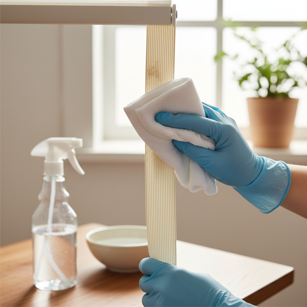 A professional, well-lit photo from a slightly elevated angle, focusing on a person's hands actively cleaning an extended roller blind strap. The strap runs vertically, secured at the top, with a section clearly being wiped. One hand, wearing a protective glove, holds a soft, damp cloth, applying a gentle scrubbing motion to the strap. A subtle spray bottle or a small basin of cleaning solution is visible on a surface nearby, slightly out of focus, indicating the tools used in the process. The scene should convey a sense of practical action and achievable results in an indoor home setting.