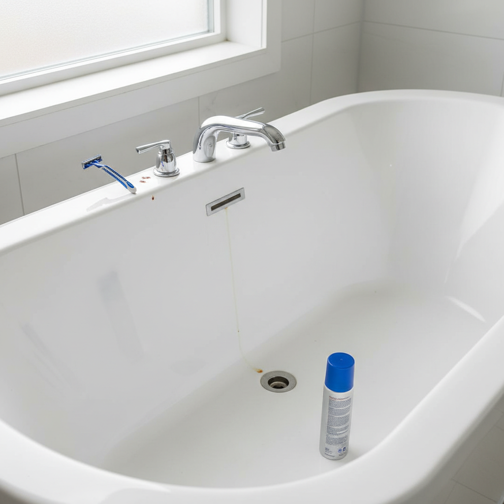A visually clean, white modern bathtub in a bright, well-lit bathroom setting. Several subtle, small reddish-brown rust stains are depicted on the inner surface of the tub. Adjacent to these stains are the common culprits: a metallic disposable razor resting on the edge, a shiny silver aerosol spray can (e.g., hairspray or deodorant) sitting on the tub's floor near a stain, and a small drip mark originating from a chrome faucet, leading to another rust spot. The overall image should have a professional, realistic photographic style, highlighting the problem without being overly dramatic, focusing on the everyday sources of rust.