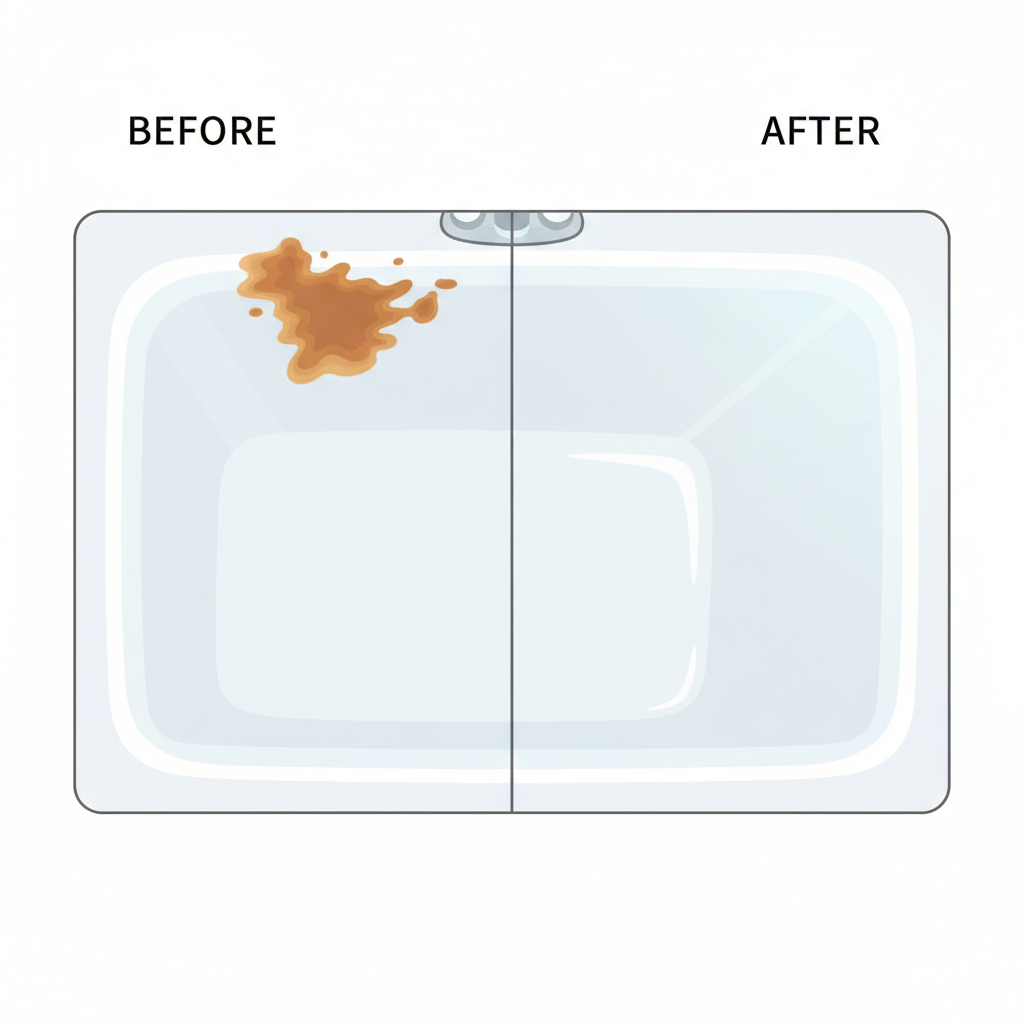 A close-up, 'before and after' style illustration depicting a small section of a white bathtub surface. On the 'before' side, a distinct, brownish-orange rust stain is clearly visible, marring the otherwise clean material. On the 'after' side, the identical section of the tub is depicted as sparkling clean, free of any discoloration, and perhaps showing a subtle, reflective gleam. The cleaning action is implied by the transformation. The style should be a clean, modern flat illustration with a soft color palette, emphasizing the successful removal of the stain and the restoration of cleanliness.