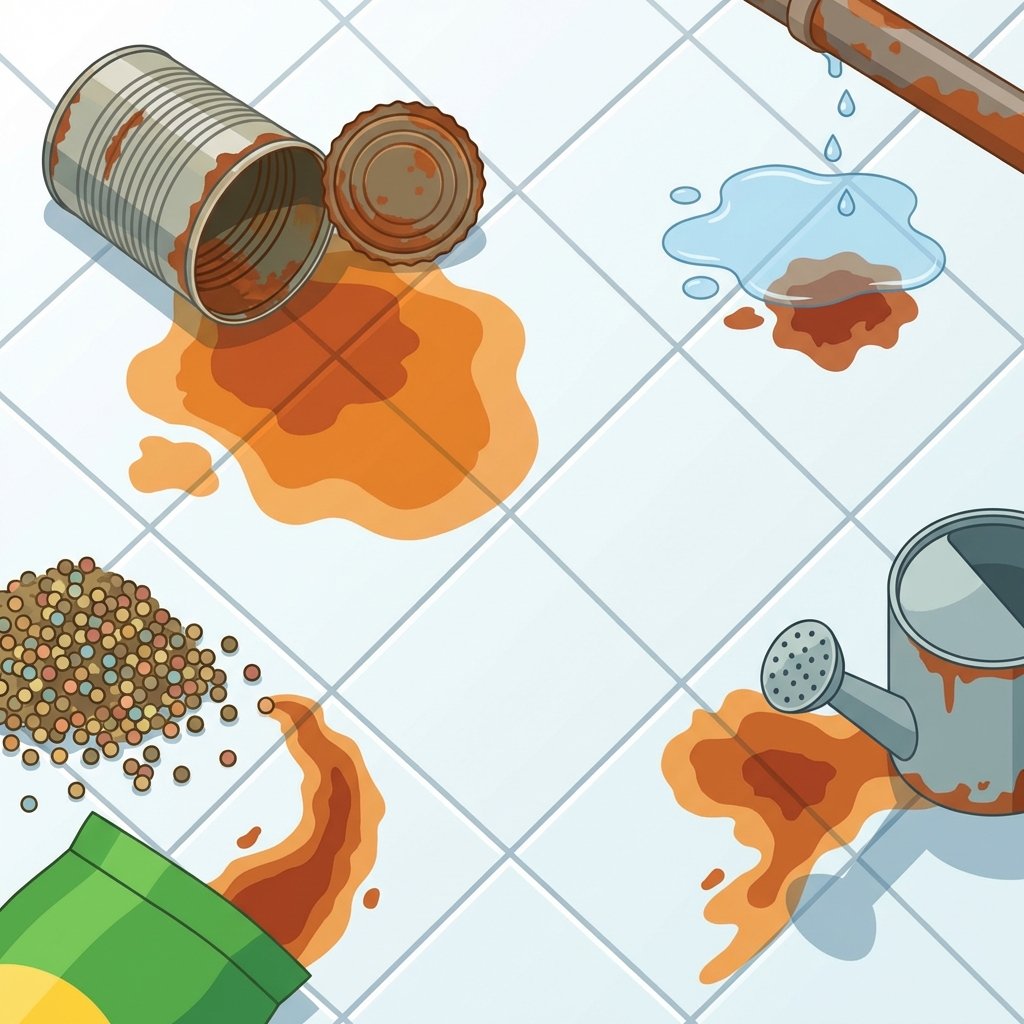 Eine detaillierte, lebendige Flat-Illustration, die einen gefliesten Boden mit mehreren deutlichen Rostflecken zeigt. Verschiedene Objekte sind strategisch in der Nähe der Flecken platziert, um deren Ursprung anzudeuten. Dazu gehören eine umgekippte, alte Metallkonservendose, ein kleiner Bereich mit verschütteten Düngerpellets und ein subtiler Hinweis auf Wasser, das von einem unsichtbaren rostigen Rohr auf eine Fliese tropft. Die Szene soll hell und sauber sein, den Kontrast zwischen den sauberen Fliesen und den rotbraunen Rostflecken betonend. Der Fokus liegt darauf, die häufigsten Ursachen von Rost auf Fliesen visuell zu erklären.