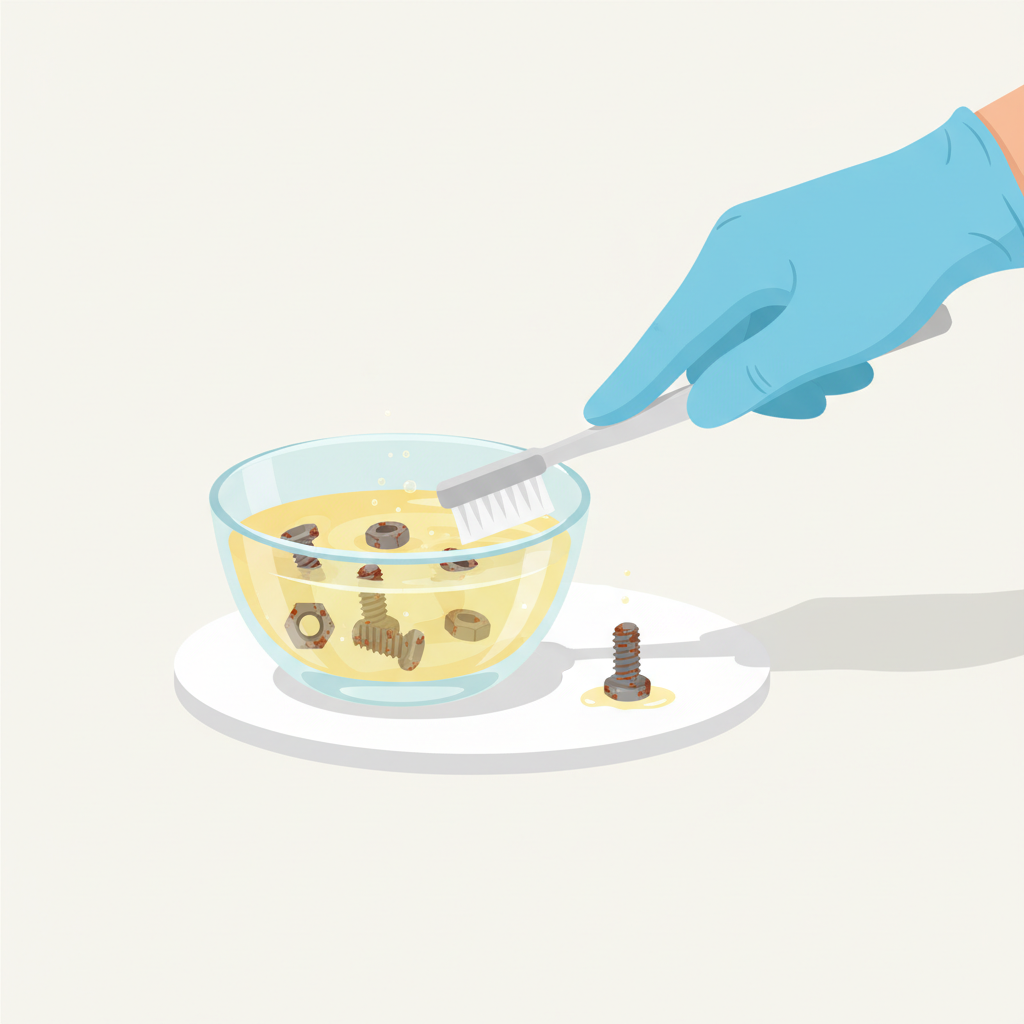 A bright, clean flat illustration depicting the 'Hausmittel' rust removal method for small parts. A small, clear glass bowl is shown filled with a translucent, light-yellow liquid (representing vinegar or lemon juice). Several rusty metallic screws and nuts are submerged in the liquid, with tiny bubbles subtly indicating a chemical reaction. A hand wearing a clean glove is gently holding a soft-bristled toothbrush, about to scrub one of the screws that has just been removed from the liquid and placed on a clean white surface next to the bowl.
