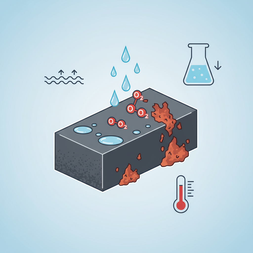 An infographic-style illustration depicting the process of rust formation on a metal surface. A stylized piece of iron or steel is shown in the center. Water droplets are falling onto its surface, and stylized oxygen molecules (e.g., small spheres) are interacting with the metal within the water. Red-brown rust particles are visibly forming and adhering to the metal. Surrounding elements subtly indicate influencing factors: a wavy line representing humidity, an arrow pointing to a beaker symbolizing electrolytes, and a thermometer for temperature. The overall aesthetic should be clean, scientific, and visually explain the oxidation process without any labels or text.