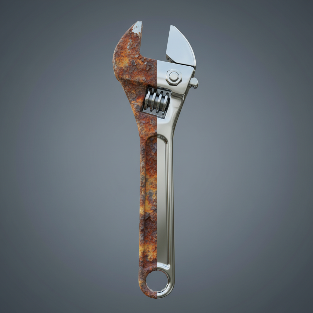A visually striking digital illustration or professional photo depicting a common metal object, such as a weathered metal wrench or a section of a handrail. The object is clearly divided into two halves: one side is heavily corroded with visible red-brown rust flakes and discoloration, showcasing the aesthetic and functional degradation. The other side is gleaming, clean, and polished metal, illustrating the restored appearance and integrity after rust removal. The contrast should be stark, emphasizing the transformation and the importance of addressing rust. The background is neutral and unobtrusive to keep the focus on the object.
