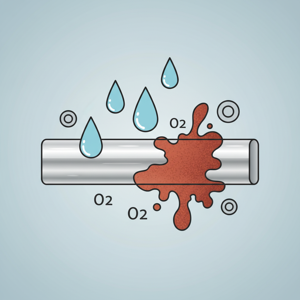 A detailed flat illustration depicting the process of rust formation. A sleek, metallic surface (e.g., a steel beam) is positioned centrally. Stylized water droplets, perhaps in light blue, are shown making contact with the metal. Alongside, abstract, circular oxygen molecules, in a soft grey, are also interacting with the surface. At the point of interaction, a vibrant reddish-brown patch of rust is visibly forming and spreading. The illustration should be clean, with clear lines, emphasizing the chemical reaction of metal, water, and oxygen in an infographic style.