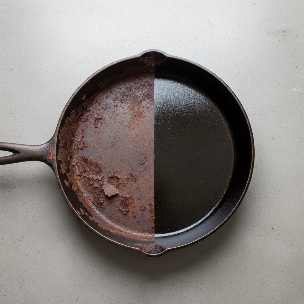 A high-resolution, professional photo showcasing a 'before and after' effect of rust removal on a metal object. The object, such as an old cast-iron skillet or a vintage garden tool, is horizontally split. One half is covered in rough, flaky reddish-brown rust, clearly demonstrating severe corrosion. The other half is meticulously cleaned, polished, and gleaming, reflecting light to show its original metallic luster. The contrast between the rusted and clean sections should be sharp and visually striking.