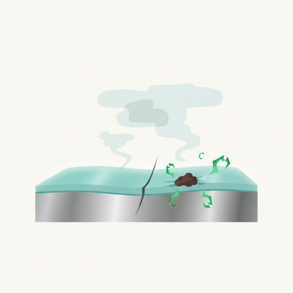 A clean, minimalist flat illustration depicting a cross-section of a stainless steel surface. On the left, a smooth, intact chromium oxide passive layer is visible, glowing subtly. Towards the center and right, the passive layer shows signs of damage: a small scratch, a tiny speck of carbon steel adhering to the surface, and stylized green chloride ions (like tiny, aggressive particles) attacking the layer. Above, subtle wisps of industrial pollution or salty air are vaguely suggested. The background is a clean, light color, emphasizing the material and the damage points. The overall feeling should be informative and visually clear, explaining the causes of corrosion.