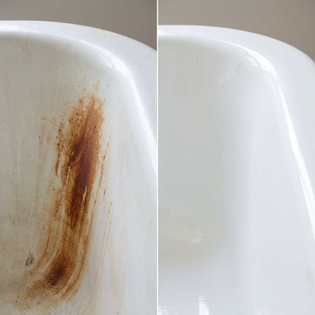 A high-quality, professional photo showcasing a close-up section of a white enamel bathtub. The image is sharply divided down the middle, illustrating a striking before-and-after effect. On one side, a prominent, reddish-brown rust stain mars the otherwise clean surface. The other side, appearing sparkling white and pristine, shows the exact same area completely free of any discoloration, reflecting light beautifully and emphasizing the success of the cleaning process.