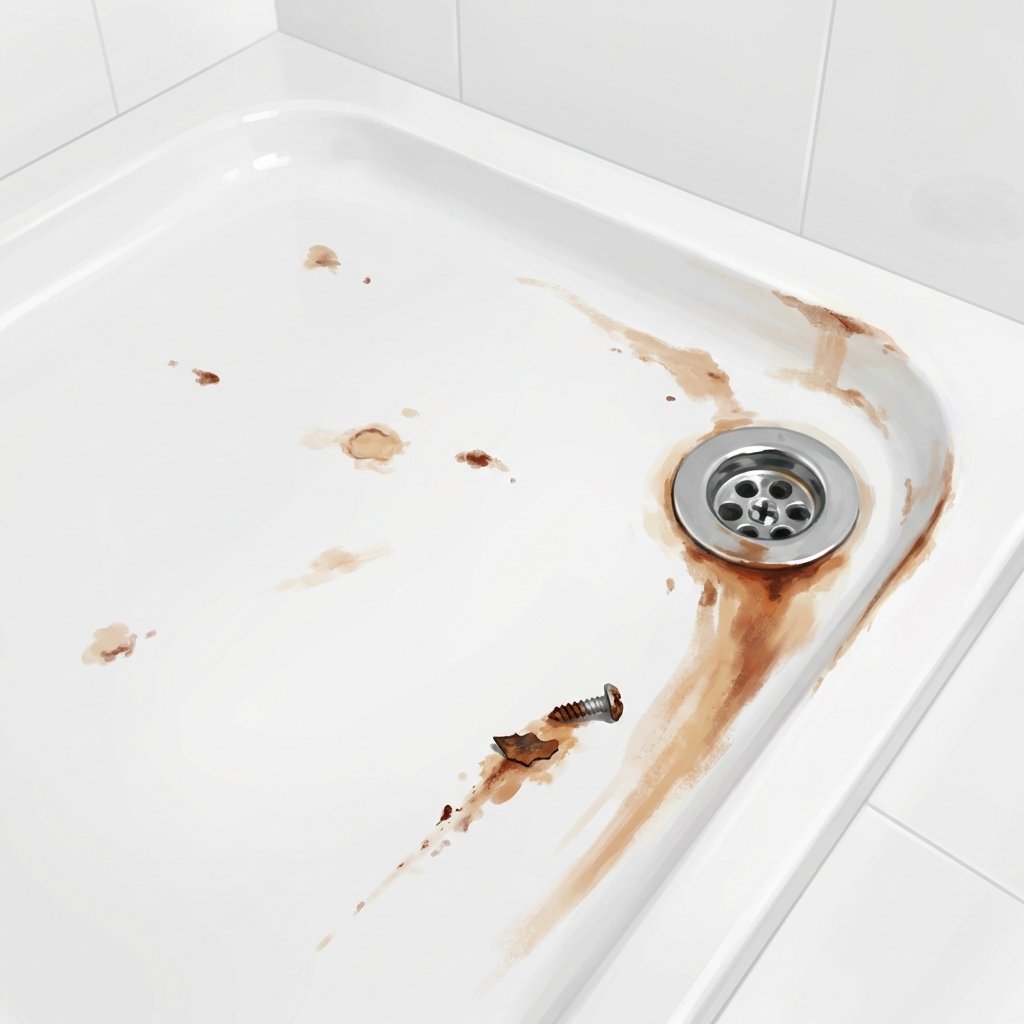 A pristine white acrylic shower tray with several prominent reddish-brown rust stains scattered across its surface, especially near the drain and edges. One stain emanates from a small, subtly rusted metallic object, like a forgotten razor blade or a loose screw, hinting at the cause. The overall lighting is bright and clean, emphasizing the unwelcome contrast of the rust. The image should convey a common bathroom problem clearly and visually. Style: high-quality photorealistic digital painting with a clean, minimalist aesthetic.