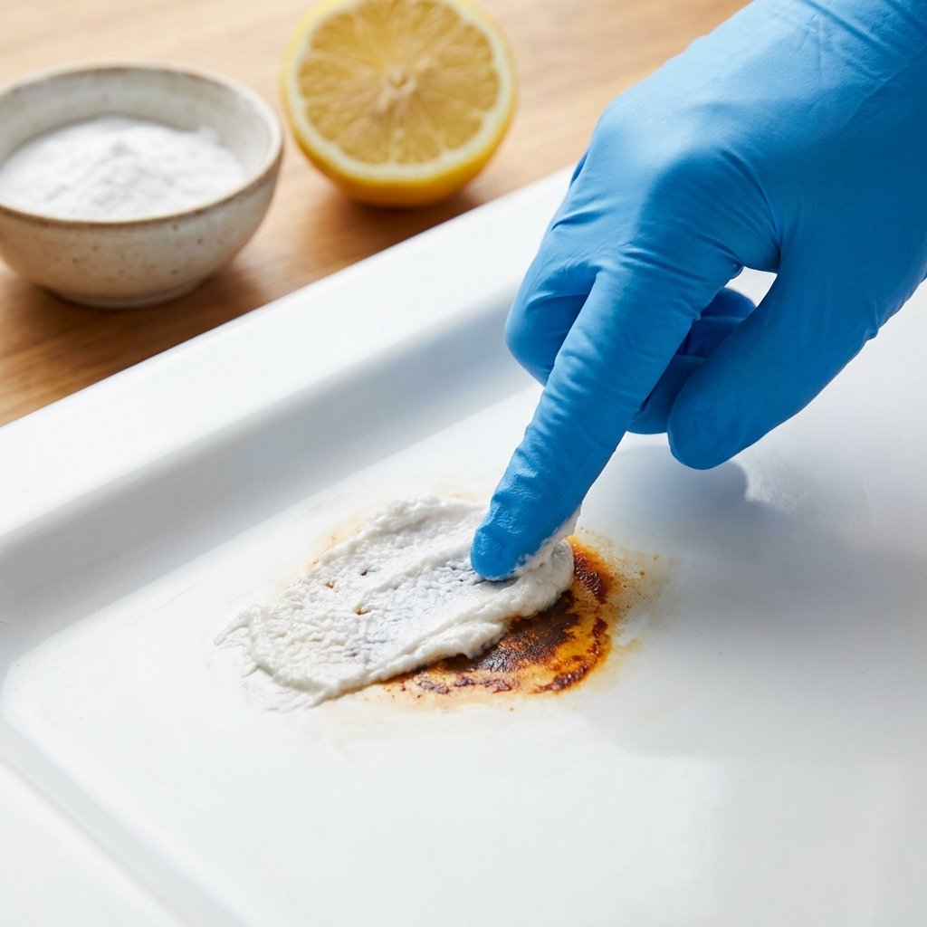 A close-up shot of a hand, wearing a blue or green cleaning glove, applying a thick white paste (representing a mixture of citric acid powder and water) directly onto a visible, defined rust stain on a clean, light-colored shower tray surface. A small bowl with white powder and a fresh lemon half are subtly blurred in the background, suggesting natural ingredients. The focus is on the action of application and the texture of the paste covering the stain. Style: bright, clean, professional product photography with a practical, how-to feel.