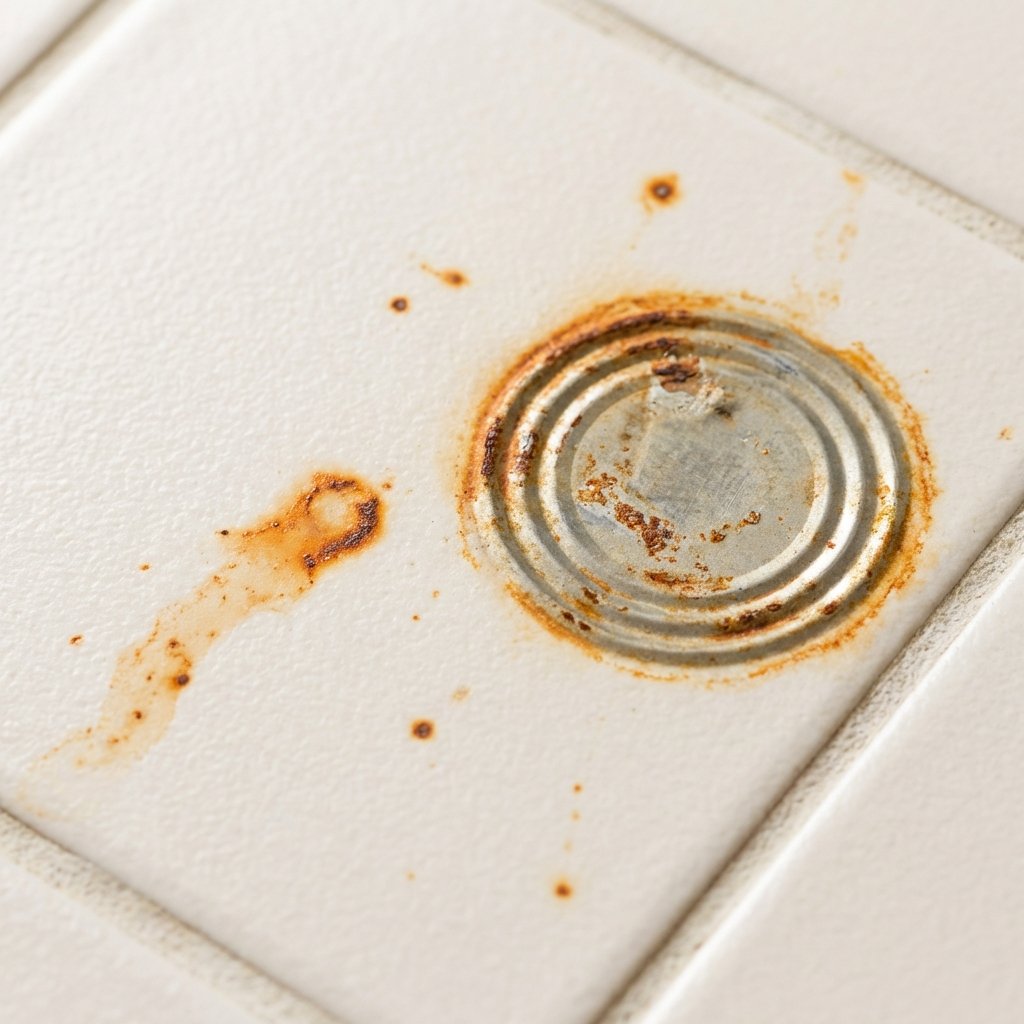 A close-up, professional photo of a light-colored, slightly textured bathroom or kitchen tile surface. Several distinct rust stains are visible, ranging from small, faint spots to a larger, more prominent orange-brown mark. Around the larger stain, a subtly indicated metal object like the bottom ring of a spray can or a tool rests, implying its origin. Another stain shows a faint trail of dried drips, suggesting water runoff. The overall impression is one of a common household problem, captured with realistic detail and natural lighting, highlighting the contrast between the clean tile and the unsightly rust.
