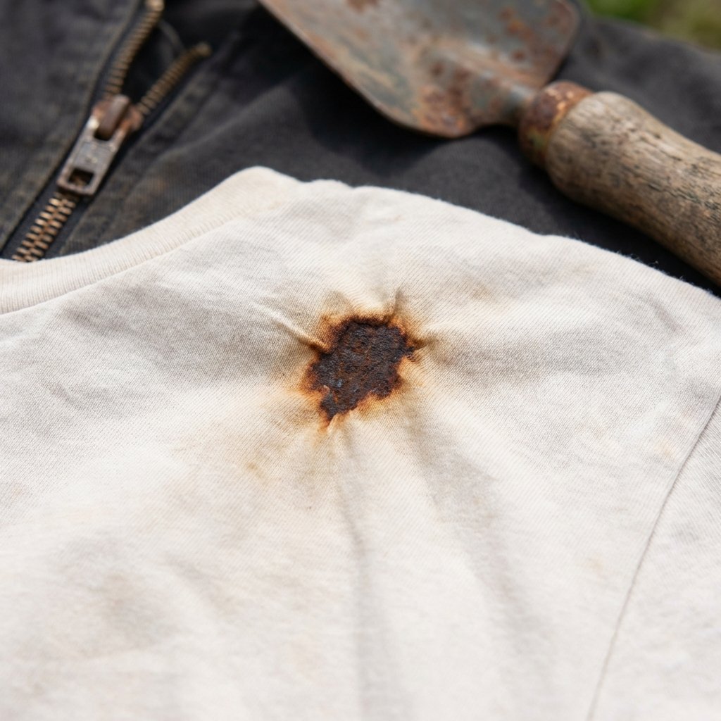 A close-up, high-quality professional photo of a light-colored fabric (e.g., a white cotton t-shirt or light denim) with a distinct, prominent reddish-brown rust stain. The fabric should appear slightly wrinkled around the stain, emphasizing its presence. In the softly blurred background, hints of common rust sources are visible, such as a rusty metal zipper on another garment, a weathered garden tool handle, or an old metal button. The lighting should be natural and bright, focusing sharp detail on the stain itself, conveying the typical challenge of such a mark.