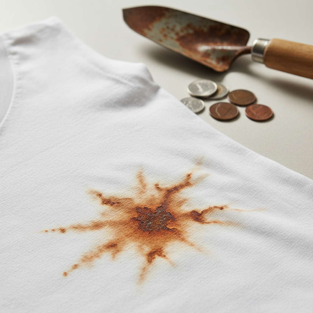 A professional, crisp close-up photo of a white cotton t-shirt fabric showing a prominent, irregular reddish-brown rust stain. The stain should be visually distinct against the clean, slightly textured fabric. In the background, slightly out of focus but still recognizable, are common sources of rust: a weathered, slightly rusty metal garden trowel and a few aged, dull coins scattered on a light surface. The lighting is bright and even, highlighting the texture of the fabric and the visual impact of the stain. The image should convey the common annoyance of such a textile flaw.