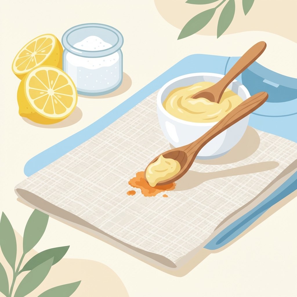 A bright, clean flat illustration showcasing the application of a rust-removing home remedy. In the center, a piece of light-colored fabric (e.g., a linen cloth or a section of a white shirt) clearly displays a small rust stain. Beside it, a small, pristine white ceramic bowl holds a light yellow, thick paste, representing citric acid mixed with water. A small wooden spoon or spatula is shown carefully applying a dollop of this paste directly onto the rust stain. A few fresh lemon halves or a small, unlabeled container of citric acid powder are subtly placed in the background for context. The style should be modern and infographic-like, with clear lines and soft, inviting colors.