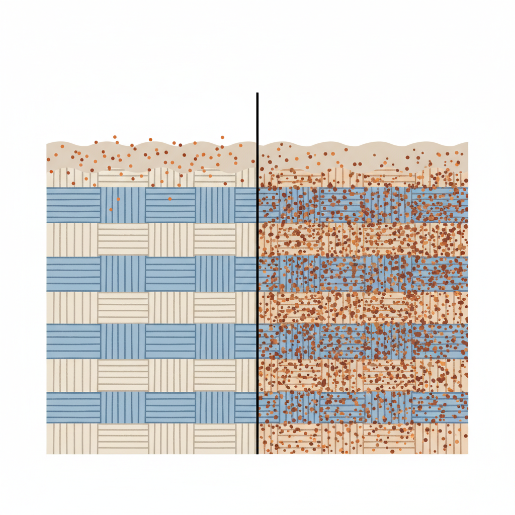A clean, modern flat illustration depicting a stylized cross-section of fabric fibers. The illustration is divided into two conceptual halves. On the left, a fresh, surface-level rust stain (represented by small orange/brown particles) is just beginning to appear on the top layer of the interwoven fibers. On the right, the same fabric cross-section shows the rust particles having penetrated deeply and extensively into the internal fiber structure, indicating a more ingrained, older stain. The colors are soft yet clear, using distinct shades for the fabric and the rust, creating an informative visual comparison.