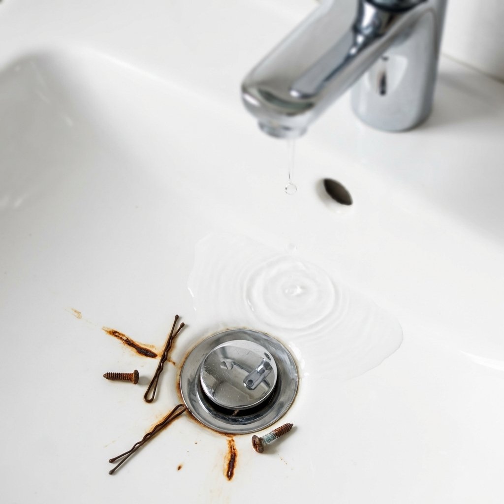 A close-up, high-angle, professional photo of a white ceramic bathroom sink. Prominently featured are several distinct, reddish-brown rust stains, some originating from small, forgotten metallic objects like a hairpin or a tiny screw lying near the drain. A subtle drip from a modern, chrome faucet is visible in the background, creating a tiny ripple that hints at moisture being a factor. The lighting is bright and clean, emphasizing the contrast between the pristine white sink and the unsightly rust. The image captures a common household problem visually.