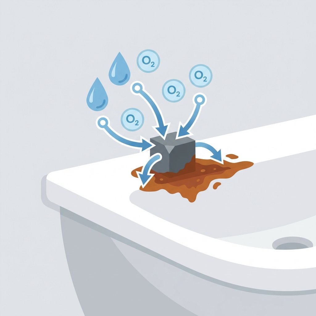 A clean, modern flat illustration depicting the conceptual causes of rust formation within a sink. The scene shows a simplified cross-section of a white sink basin. On its surface, a small, dark grey metallic object (representing iron) is present. Above it, stylized water droplets and oxygen molecules are visually interacting with the metal. Arrows illustrate this interaction, leading to a reddish-brown 'rust' layer forming around the metallic object on the sink's surface. The background is minimalistic, focusing purely on the chemical reaction.