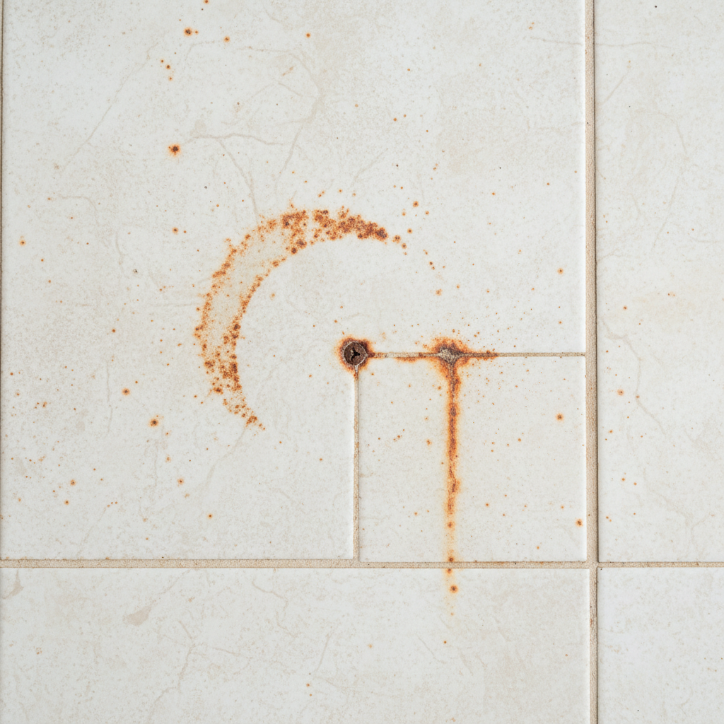 A close-up, top-down shot of a light-colored ceramic bathroom or kitchen tile floor. Several distinct, reddish-brown rust stains are prominent on the tile surface, varying in size and intensity. Surrounding the rust spots, subtle visual cues hint at their origin: a faint circular impression from a metal plant pot base, a tiny, oxidized metal screw, and a slight discoloration suggesting a historical water drip. The scene conveys a common, frustrating household problem. Professional photo with a clean but slightly aged aesthetic.