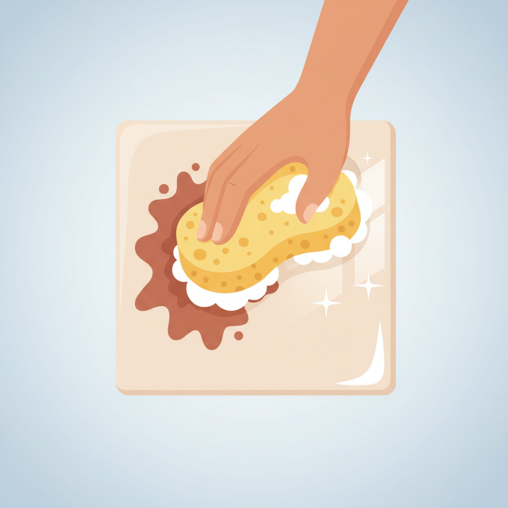 A clean, modern flat illustration depicting a single, light-colored tile divided horizontally into two sections. The left section of the tile prominently features a noticeable, reddish-brown rust stain. The right section of the tile is pristine and sparkling clean, showing no trace of rust. A hand, holding a soft brush or a cleaning sponge, is positioned at the dividing line, subtly connecting the 'before' and 'after' states, suggesting the cleaning process in action. The overall aesthetic should be bright and positive, highlighting the effective removal of rust.