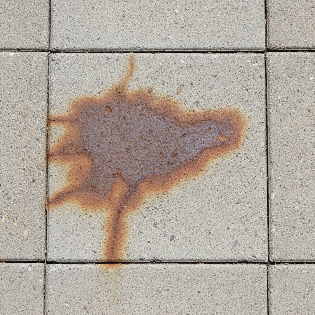A close-up, eye-level professional photo capturing a section of weathered concrete patio slabs. One prominent slab features a distinct, stubborn reddish-brown rust stain, perhaps an irregular blotch or a drip mark. The surrounding areas of the slab should appear relatively clean, emphasizing the unsightly nature of the discoloration. The lighting is natural and clear, highlighting the texture of the stone and the vivid contrast of the rust. The image should evoke the common problem addressed by the article.