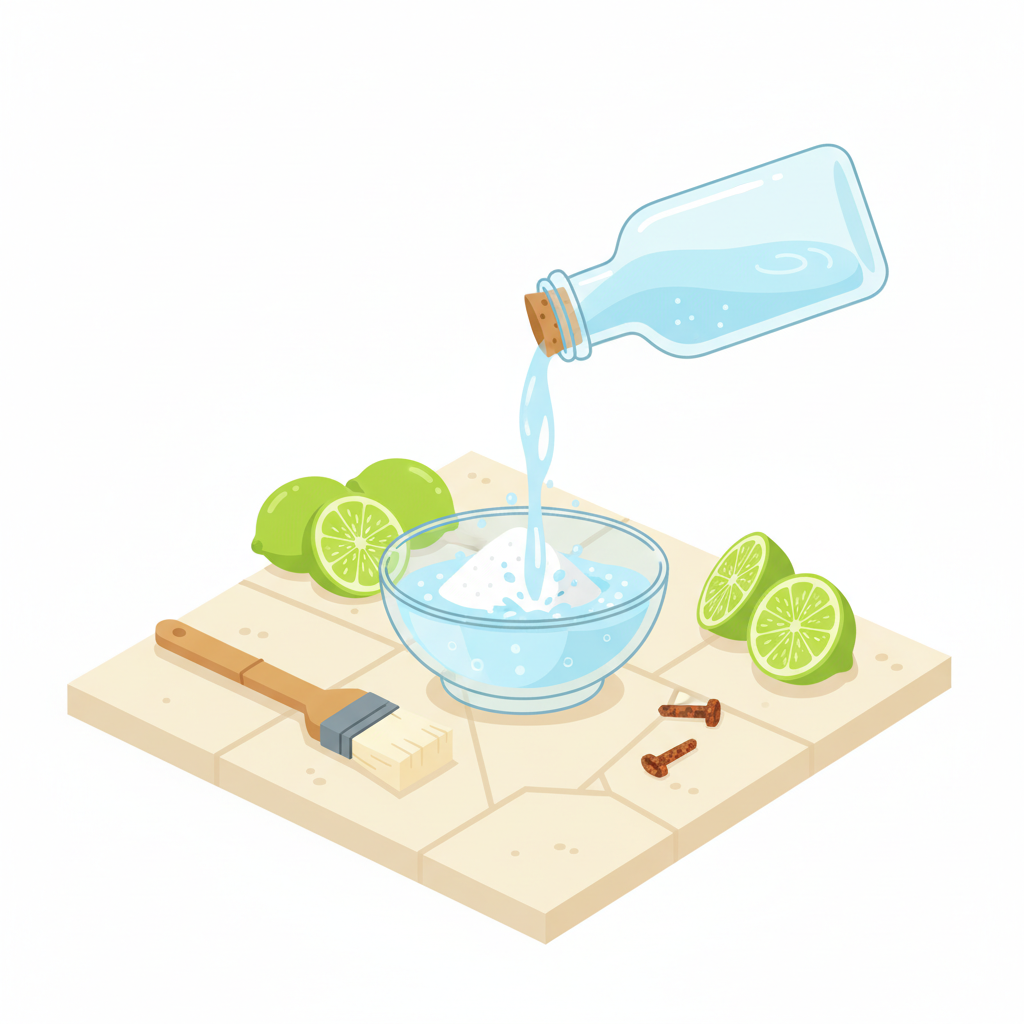 A vibrant, clean flat illustration depicting the concept of preparing a home remedy for rust. On a light-colored, stylized patio slab, a small glass bowl contains white powder (representing citric acid). A small, generic bottle is shown pouring water into the bowl, creating a solution. A simple mixing spoon or a soft brush is placed nearby. The scene is bright and uncluttered, conveying a sense of easy preparation and the natural ingredients being used for cleaning.