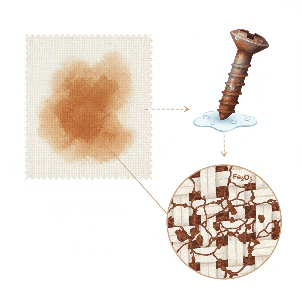 A detailed infographic-style illustration depicting the formation and nature of a rust stain on clothing. Show a segment of light-colored fabric (e.g., cotton), with an orange-brown rust stain visibly embedded. Next to it, subtly illustrate a rusty metal object (like a screw or part of a zipper) with small moisture droplets around it, symbolizing oxidation. A magnified cutaway section of the fabric should clearly show the rust particles (Fe₂O₃) tightly interwoven and trapped within the individual textile fibers, emphasizing their inorganic nature and deep penetration. The overall aesthetic should be clean, informative, and modern.