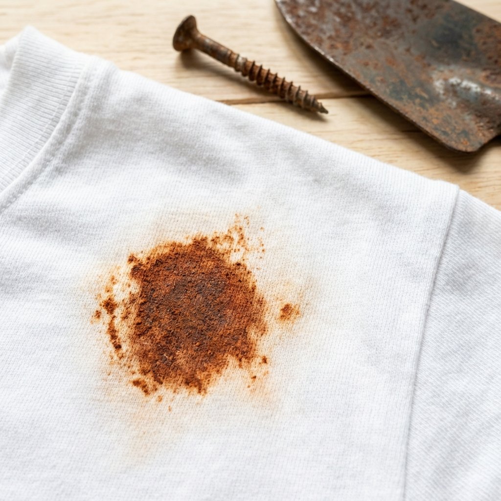 A close-up, top-down professional photo of a pristine white cotton t-shirt fabric, with a distinct, reddish-brown rust stain prominently visible on one area. The stain should appear well-defined but naturally spread, emphasizing its stubborn nature on the bright white material. In the soft-focus background, subtly hint at common sources like a slightly rusted metal screw, a gardening tool, or a coin. The overall lighting should be bright and clean, making the white fabric pop and the rust stain stand out as an immediate problem. Emphasize crisp details of the fabric weave and the stain's texture.