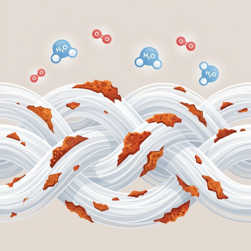 A clean, modern flat illustration depicting a conceptual cross-section of white fabric fibers, shown at a magnified, slightly transparent level. Reddish-orange, irregularly shaped rust particles are visibly embedded deeply within and clinging to the individual white threads, illustrating how the stain penetrates and becomes challenging to remove. Above the fabric, subtle, stylized representations of water molecules and oxygen atoms float, hinting at the chemical reaction of oxidation. The background should be a soft, neutral color, allowing the vibrant white fibers and the contrasting rust to be the central focus. The style should be informative and visually appealing for an infographic.