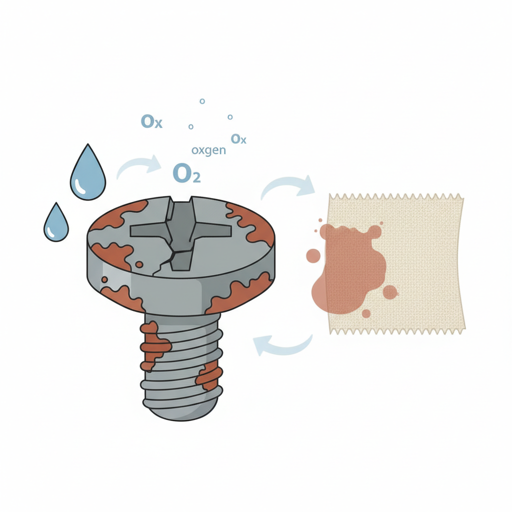 An explanatory flat illustration depicting the concept of rust formation and its spread. Show a piece of iron-based metal (e.g., a screw head) subtly corroding with reddish-brown rust spots. Nearby, droplets of water and abstract air molecules represent moisture and oxygen. A section of light-colored fabric or porous material is positioned next to the rusty metal, showing some transferred rust discoloration. The overall scene should clearly illustrate the process from metal oxidation to surface staining with a clean, modern aesthetic.