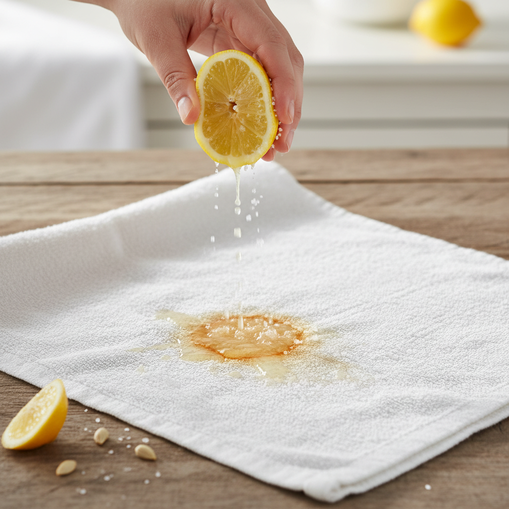 A vibrant and clean professional photo, taken from a slightly elevated angle, demonstrating the application of the lemon juice and salt method on a rust-stained textile. A pair of hands, with a focus on the action, are applying fresh lemon juice from a cut lemon half directly onto a visible, distinct rust stain on a light-colored fabric (e.g., a white cotton shirt or towel). Nearby, a small amount of coarse salt is being sprinkled over the lemon-soaked stain. The lighting is bright and natural, highlighting the textures of the fabric, the lemon, and the salt crystals.