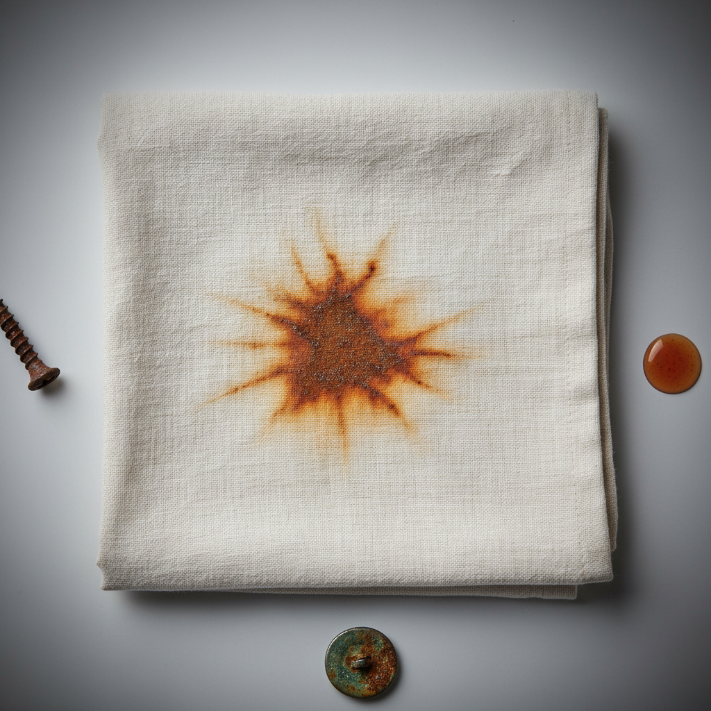A close-up, slightly elevated view of a folded piece of light-colored fabric, such as a white cotton t-shirt or linen cloth, with a prominent, freshly formed, orange-brown rust stain near the center. Surrounding the fabric, in a subtle, vignette style, are elements representing common sources of rust: a single rusty screw, a small droplet of reddish-brown liquid (implying rusty water), and a tarnished metal button or zipper pull with visible rust. The overall aesthetic should be clean and professional, using a realistic, high-definition photographic style with soft lighting.