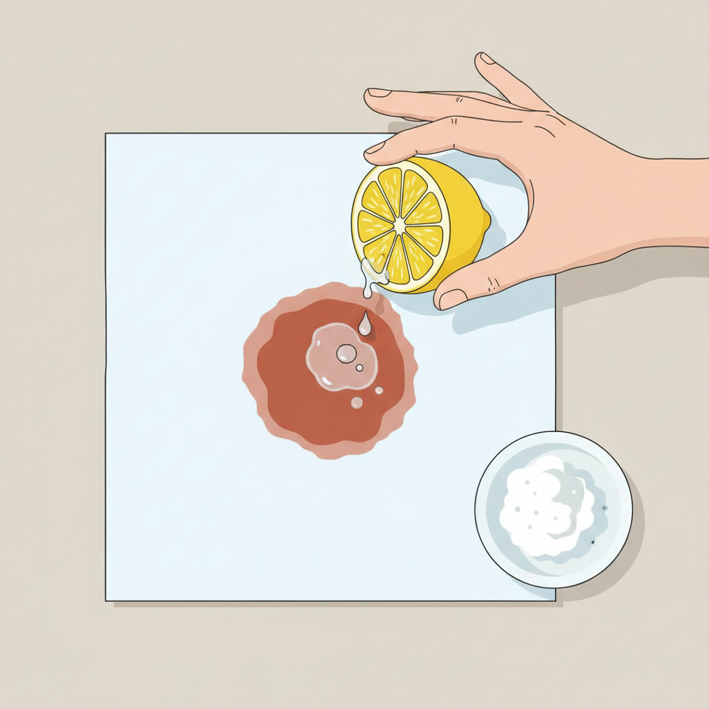 A visually engaging, top-down perspective illustrating the application of a rust-removing home remedy. A clean, light-colored fabric with a visible rust stain is laid flat on a neutral surface. A hand, with fingers gently outstretched, is carefully squeezing a fresh lemon half directly over the rust stain, showing droplets of lemon juice falling onto the affected area. Nearby, a small, elegant ceramic bowl contains a small amount of a white paste (representing citric acid mix). The style should be a bright, minimalist flat illustration, emphasizing clarity and a step-by-step process.