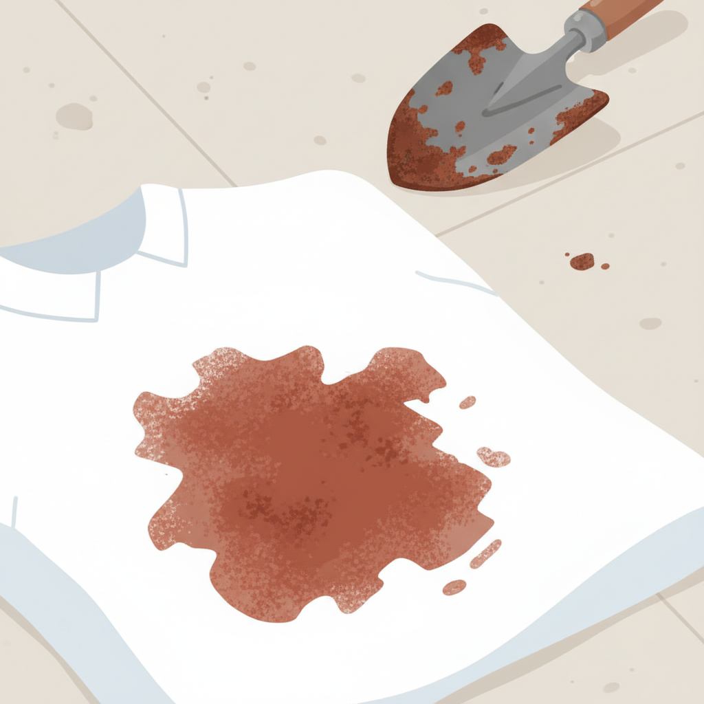 A visually appealing flat illustration depicting a common household scenario where rust stains are problematic. Show a close-up of a stubborn, deep red-brown rust stain on a white textile, like a shirt or tablecloth. In the soft-focus background, subtly hint at other affected surfaces such as a weathered metal garden tool or a small speck on a light-colored stone tile. The primary focus is on the unsightly, persistent nature of the stain on the fabric. The overall aesthetic should be clean, modern, and inviting, emphasizing the stark contrast between the pristine material and the intrusive, reddish-brown discoloration, conveying the 'before' state.