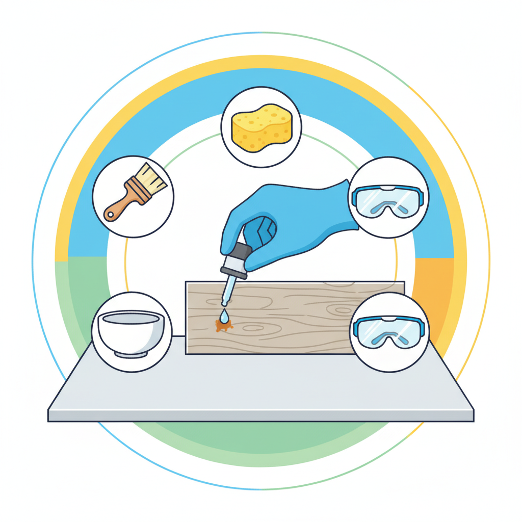 A vibrant, infographic-style illustration showcasing the essential preparation steps for rust removal. The central element features a gloved hand, wearing a protective glove, carefully applying a small drop of a clear liquid to a tiny, unnoticeable corner of a stained object, such as a subtle rust spot on a wooden surface, symbolizing the 'test an unauffälliger Stelle' step. Around this central action, arrange minimalistic, clean icons representing various necessary cleaning tools: a soft brush, a sponge, an empty small bowl, and a pair of safety goggles, all neatly organized on a clean, light-colored workbench. The color palette should be bright and optimistic, conveying a methodical and safe approach.