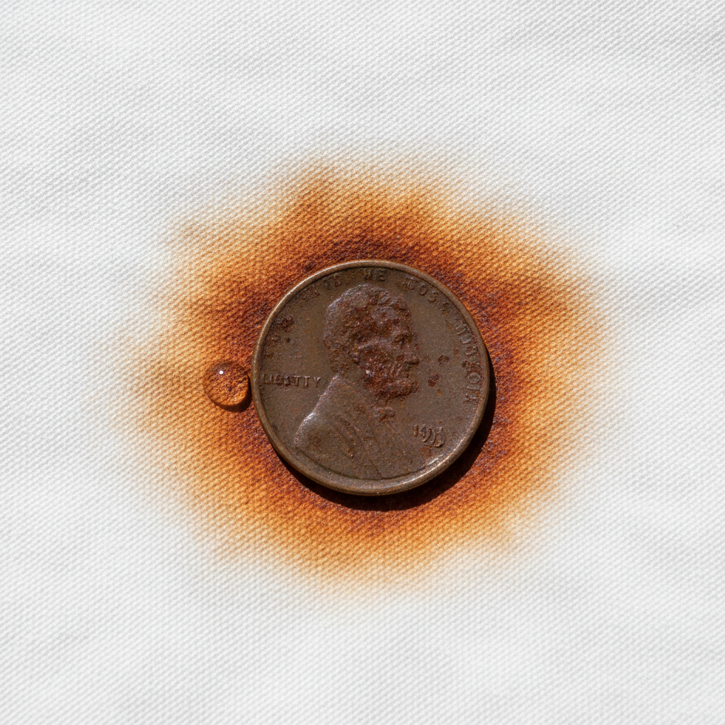 A detailed close-up professional photo capturing a vivid rust stain on a section of white cotton fabric. The stain appears as a reddish-brown, irregular mark, subtly diffused into the fibers. A slightly oxidized metallic object, like a vintage coin or a small, rusty screw, is partially resting on the fabric, clearly indicating its role in causing the discoloration. A subtle sheen of moisture or a tiny water droplet is visible near the metal object, highlighting the conditions for rust formation. The texture of the fabric should be clearly discernible, emphasizing the penetration of the stain. The lighting should be bright and natural, focusing on the contrast between the pristine fabric and the intrusive rust.