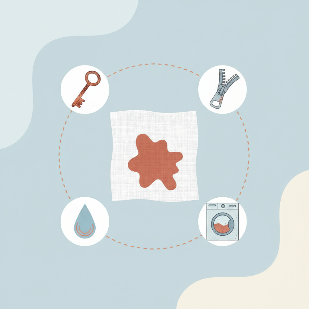 An engaging flat illustration in a clean, modern infographic style, focusing on the common sources of rust stains on fabric. The central element is a pristine piece of light-colored fabric (e.g., white linen), prominently featuring a distinct, reddish-brown rust stain. Around this central stain, several small, stylized, and slightly faded icons represent potential causes: a rusty key, a metal zipper pull, a water droplet, and a simplified outline of an old washing machine drum. These elements are arranged artistically to suggest various origins without cluttering the main visual. The overall aesthetic should be clear, informative, and visually appealing for a blog article.