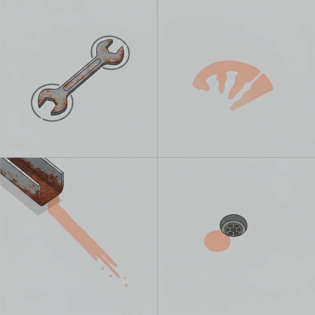 A clean concrete surface is depicted with four distinct scenarios demonstrating common rust stain origins. In one section, a rusty metal wrench lies on the concrete, creating a rust ring beneath it. Another area shows a subtle reddish stain on the concrete, originating from a faint water mark, suggesting iron-rich water. Further along, a rusty metal railing or gutter's edge drips onto the concrete, leaving a visible rust streak below. In the background, a sprinkler head is partially visible, indicating a rust spot on the concrete where its water would regularly hit. Flat illustration, bright daylight.