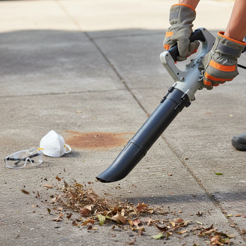 A professional close-up photo focuses on a person's hands, prominently wearing sturdy protective gloves. Their hands are actively using a broom or leaf blower to clear loose dirt and leaves from a textured concrete surface. In the foreground, or slightly to the side on a clean concrete patch, a pair of clear safety goggles and a face mask are neatly placed, emphasizing the importance of protection. Subtle, out-of-focus rust stains are visible on the concrete in the background, hinting at the upcoming task. Bright, natural lighting with a shallow depth of field.
