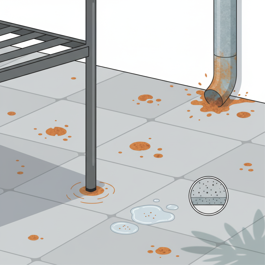 A visually clean, flat illustration depicting common sources of rust stains on a stone patio. The scene features a section of light grey paving stones with distinct orange-brown rust spots. Elements causing the rust are subtly integrated: a metal garden chair leg resting on one stone, a few water droplets on the surface, and a faint, almost microscopic hint of iron particles within the stone material itself. In the background, a blurred metal downspout suggests runoff. The overall composition should be clear and informative, highlighting the various causes without clutter.