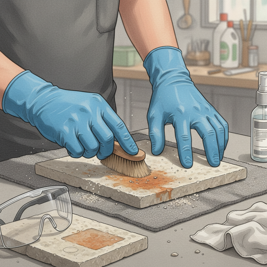 A detailed, realistic illustration focusing on the preparation steps for rust removal from stone. The image shows a pair of gloved hands (safety gloves) carefully examining a rust-stained stone tile. One hand gently brushes away loose debris from the affected area, while the other points towards a subtle rust patch. In the foreground, slightly out of focus, are essential safety items like protective goggles and and a small test area on an inconspicuous stone, emphasizing the importance of identifying stone type and testing. The illustration should convey diligence and readiness for cleaning.