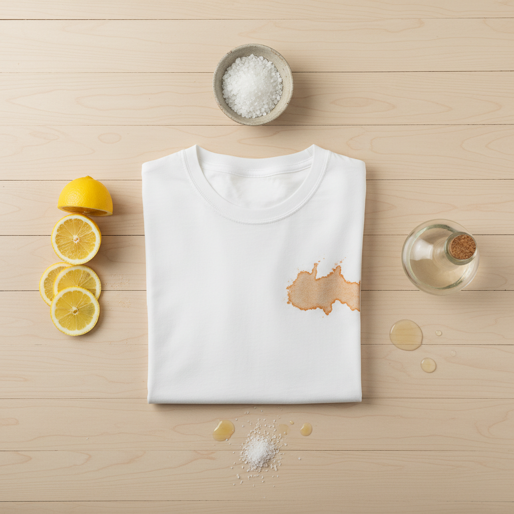 A vibrant, professional flat lay photograph on a light wooden background. A neatly folded white cotton t-shirt is displayed, featuring a prominent, reddish-brown rust stain on its front. Arranged aesthetically around the shirt are key household remedies: a freshly cut half lemon with a few slices, a small rustic bowl filled with coarse white salt, and a clear glass bottle of white vinegar. The scene conveys a sense of natural, accessible solutions to a common problem, highlighting the ingredients without any visible branding.