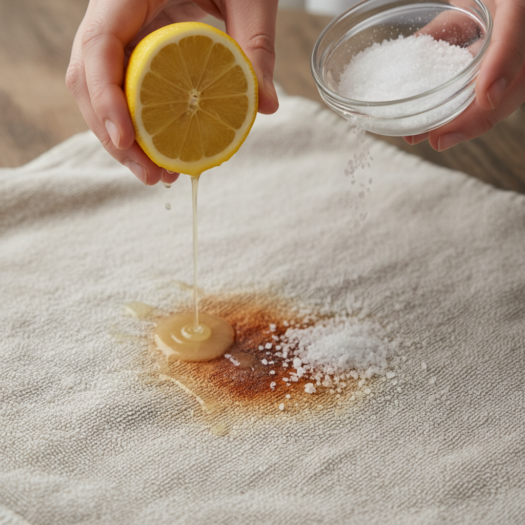 A detailed, close-up professional photograph capturing the application of a rust removal home remedy. A pair of clean hands is gently squeezing fresh lemon juice from a sliced lemon directly onto a visible rust stain on a piece of light-colored fabric, possibly a part of a shirt or towel. Next to this action, a small amount of granular salt is being sprinkled over the wet stain. The focus is sharp on the hands, the fabric texture, and the interaction of the ingredients with the rust, implying a careful cleaning process.