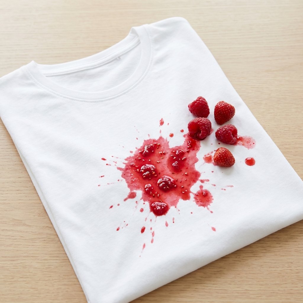 A vibrant, fresh red berry stain, possibly from raspberries or strawberries, marring a pristine white cotton t-shirt. A few scattered, slightly crushed berries lie near the stain, indicating the source of the mess. The image should capture the immediate visual impact of the accidental spill, highlighting the contrast between the bright red pigment and the light fabric. The scene should evoke a feeling of common household mishap, clean and well-lit. Professional product photography style, top-down shot.