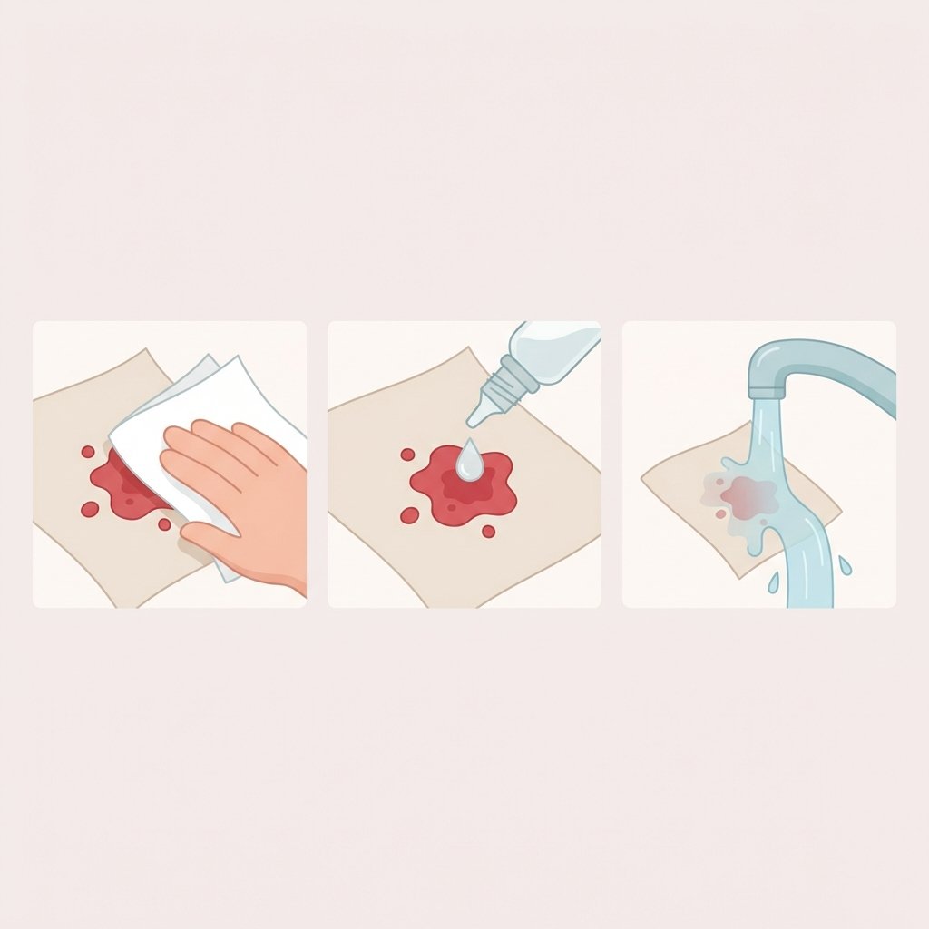 A sequence of three small, clean illustrations depicting the initial steps of removing a red berry stain. The first shows a hand gently dabbing a fresh red stain on light-colored fabric with a white paper towel. The second shows a tiny drop of clear liquid (representing dish soap) being applied directly onto the stain. The third shows a gentle stream of cold water rinsing the stained area from the reverse side of the fabric. The style should be a clean, modern flat illustration with a soft, friendly aesthetic, focusing on clear, simple actions against a plain background.
