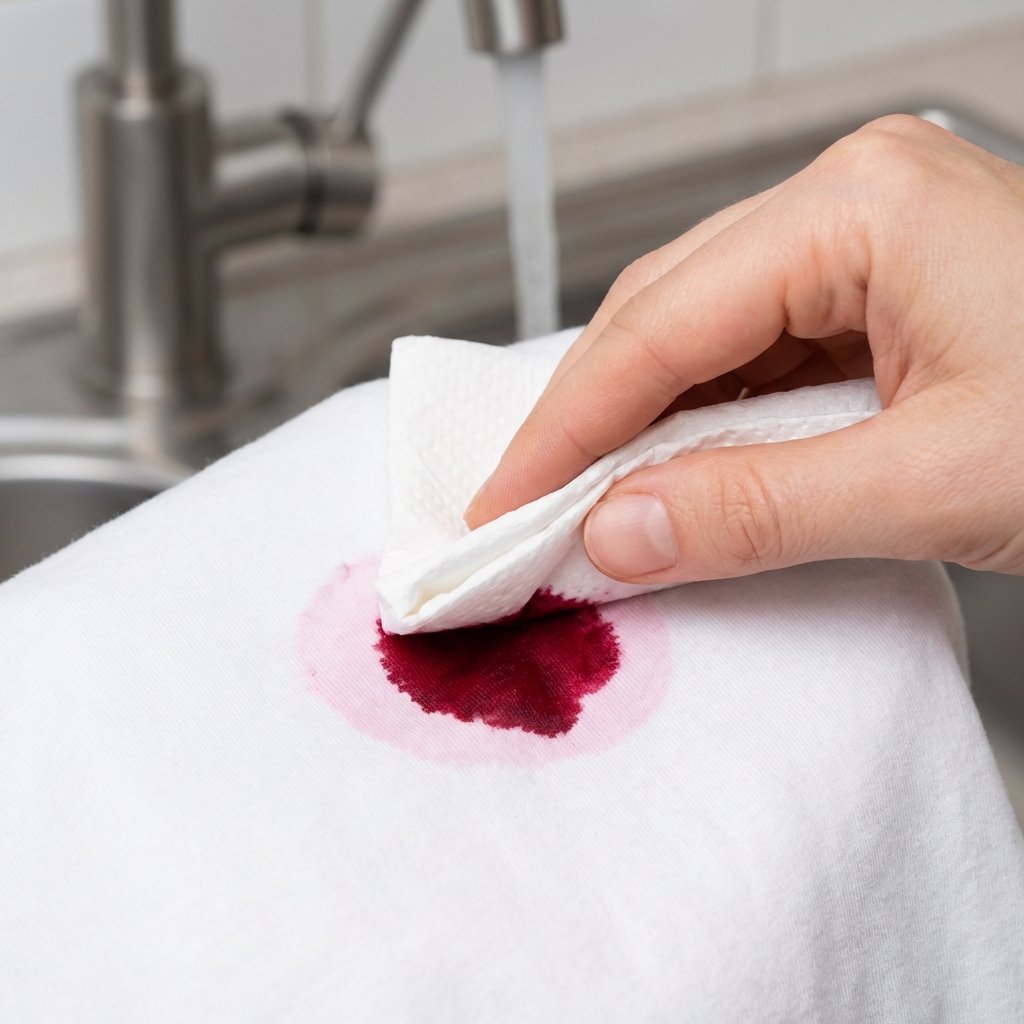 A professional, close-up photograph capturing the immediate aftermath of a beetroot stain. A pristine white fabric, possibly a cotton shirt or tablecloth, is marred by a vivid, freshly spilled crimson beetroot juice stain. A hand, clean and gentle, is shown carefully dabbing the edge of the stain with a crisp white paper towel, absorbing excess liquid. In the background, out of focus, a gentle stream of cold water from a tap hints at the next step. The image emphasizes the urgency and initial actions, with strong contrast between the deep red stain and the bright white fabric. Focus on clarity and cleanliness.