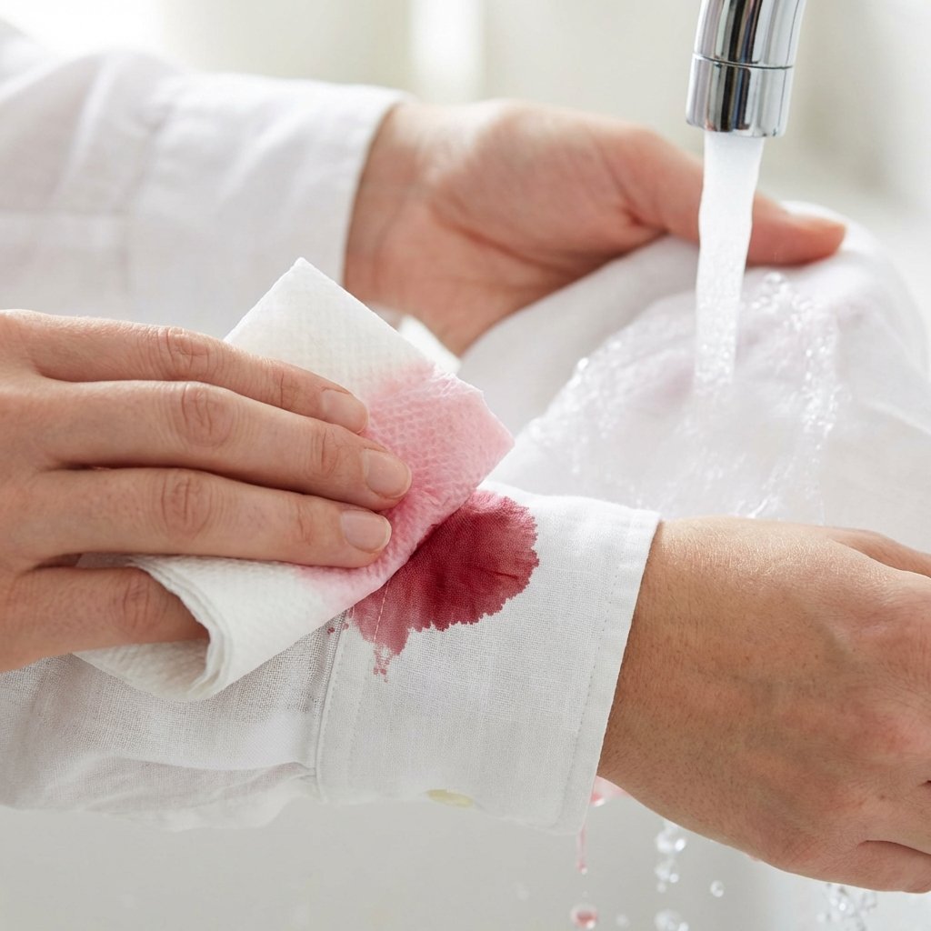 A close-up, dynamic shot on a piece of white fabric (e.g., a shirt cuff or tablecloth) with a fresh, vibrant red stain, clearly visible from spilled red wine. A hand is gently dabbing the stain with a clean, white paper towel, showing the absorption process. In the background, slightly out of focus, a stream of cold water from a chrome faucet hits the underside of another section of the stained fabric, illustrating the crucial rinsing step from behind. The scene should convey urgency and effectiveness. Style: Professional, bright studio photo with a shallow depth of field.