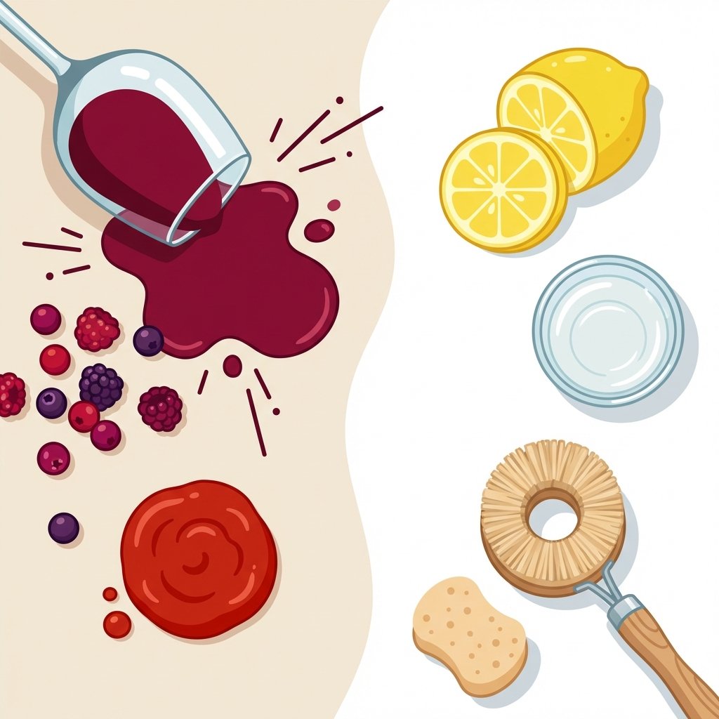 A stylized composition depicting various common sources of red stains. On one side, a spilled glass of red wine, scattered ripe berries, and a dollop of vibrant red tomato sauce are shown on a light-colored fabric (e.g., a white shirt or napkin). On the other side, elements representing natural cleaning solutions like a freshly sliced lemon, a splash of clear vinegar in a small bowl, and a small, clean scrub brush or sponge are arranged around the same fabric, which now appears pristine and spotless. The overall image should communicate the contrast between the stubborn stains and effective, natural remedies. Style: Clean, modern flat illustration with a vibrant color palette for the stains and fresh, inviting tones for the cleaning elements.